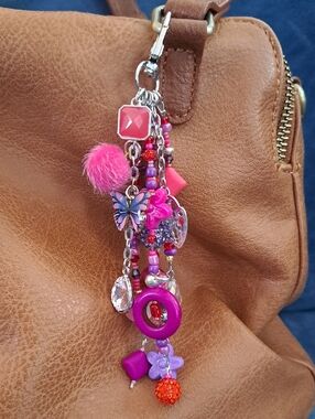 BAG/PURSE CHARM Handmade Colorful Beaded Purse Charm, Eclectic Fun, Pink/Purp 6"